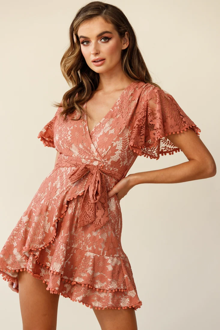 Cami Angel Sleeve Faux Wrap Dress Lace Rose