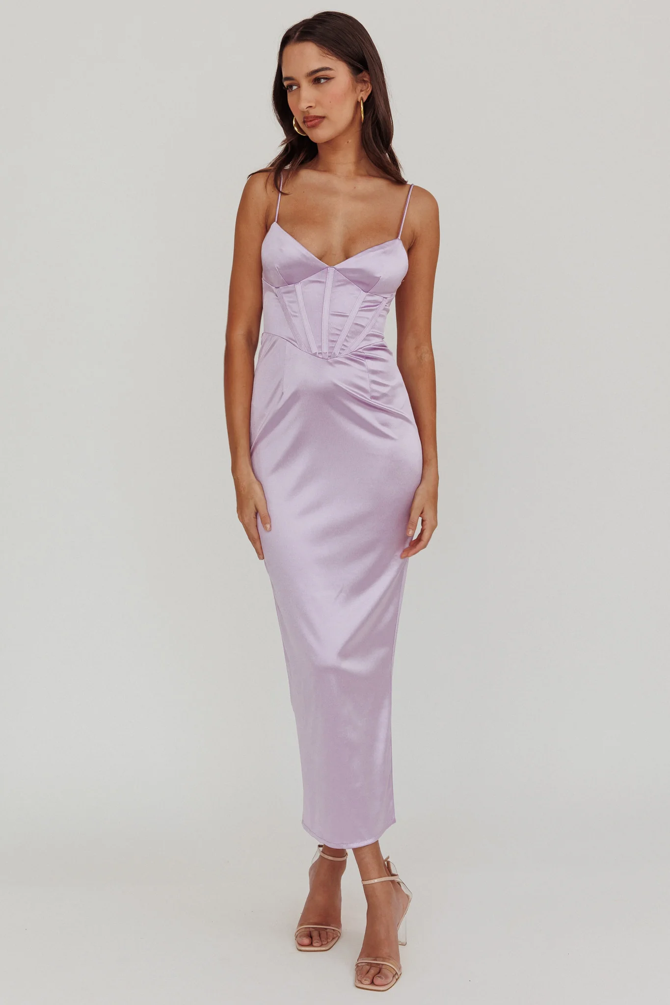 Seraya Lace-Up Back Satin Maxi Dress Lilac