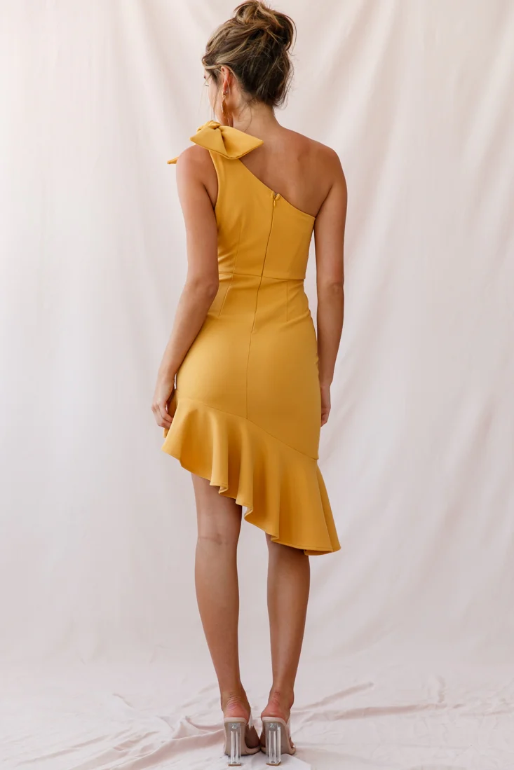 Tiffany One-Shoulder Bow Dress Mustard