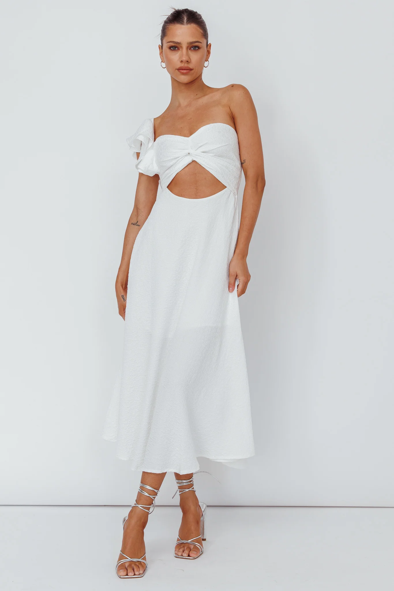Jolina Ruffle Shoulder Midi Dress White