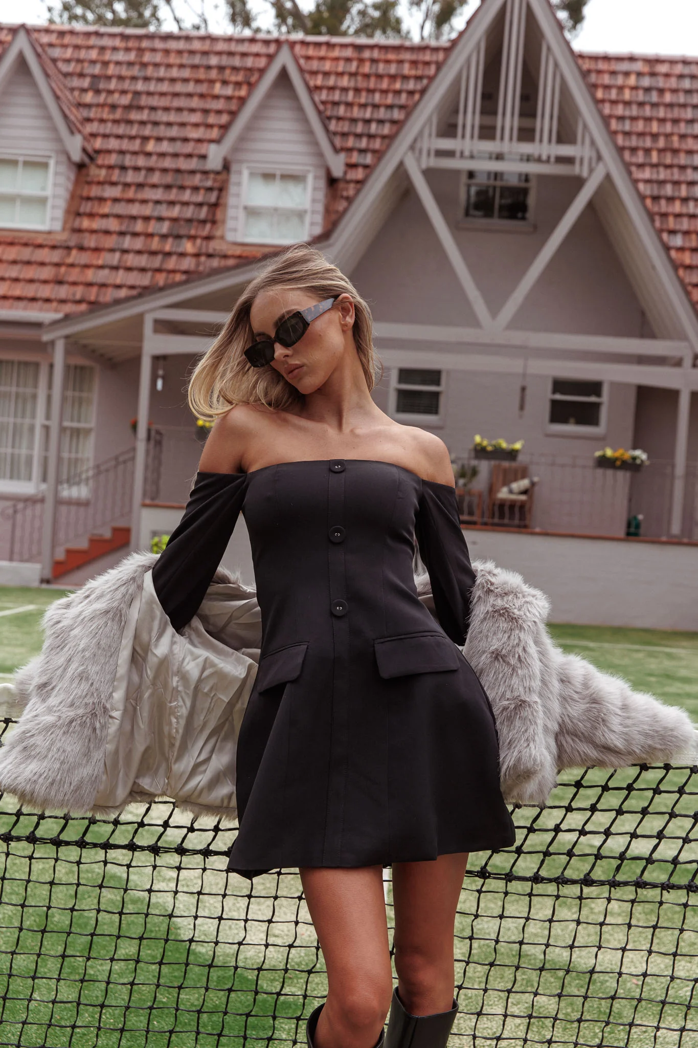 Cherry Wine Off Shoulder Mini Dress Black