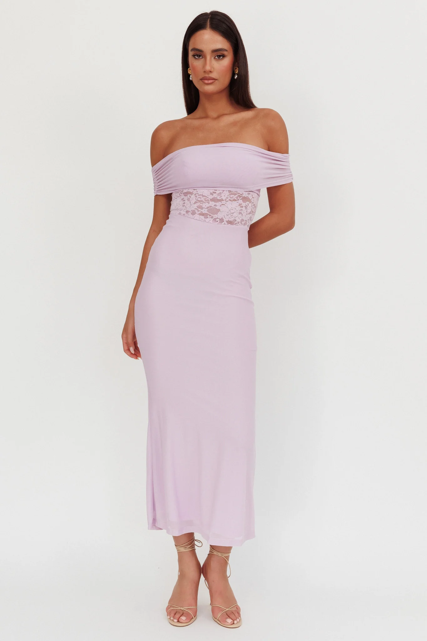 Flutters Off-Shoulder Lace Insert Maxi Dress Lilac