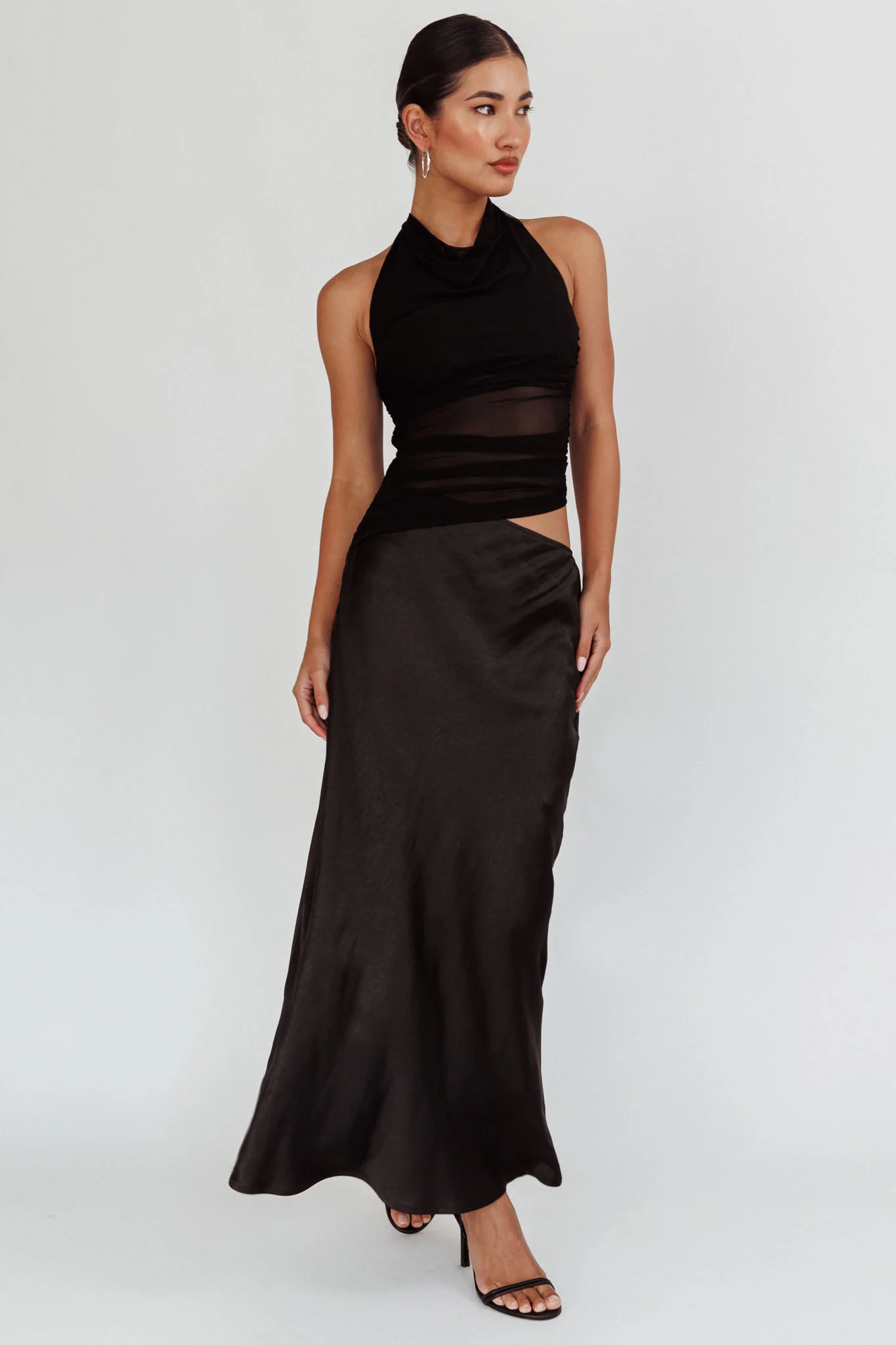 Lorely Ruched Bodice Halterneck Maxi Dress Black