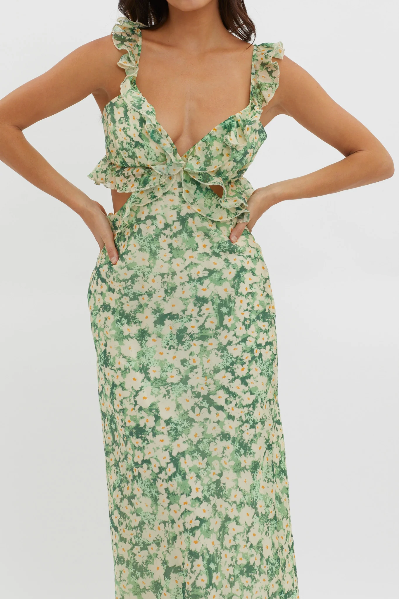 Second Chances Ruffle Trim Maxi Dress Flowers Green