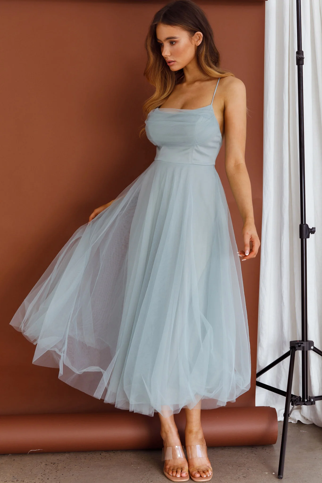 Floating By Pleated Neckline Mesh Midi Dress Sage