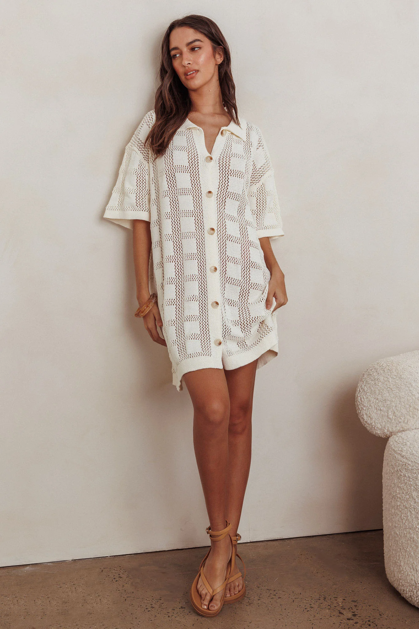 Best Friend Knit Shirt Dress Beige