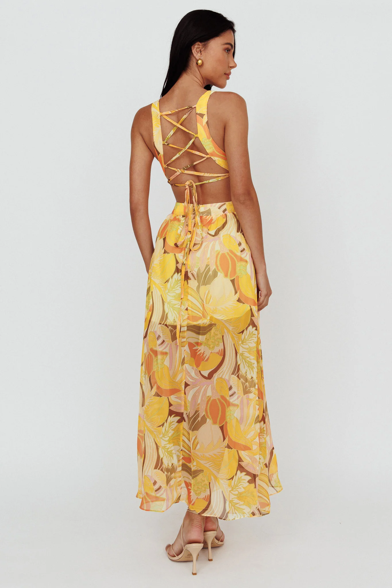 Maura Lace-Up Back Maxi Dress Floral Yellow