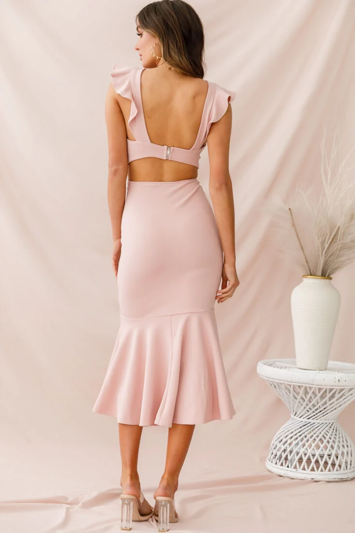 Jackie Wide Ruffle Hem Pinafore Midi Dress Blush