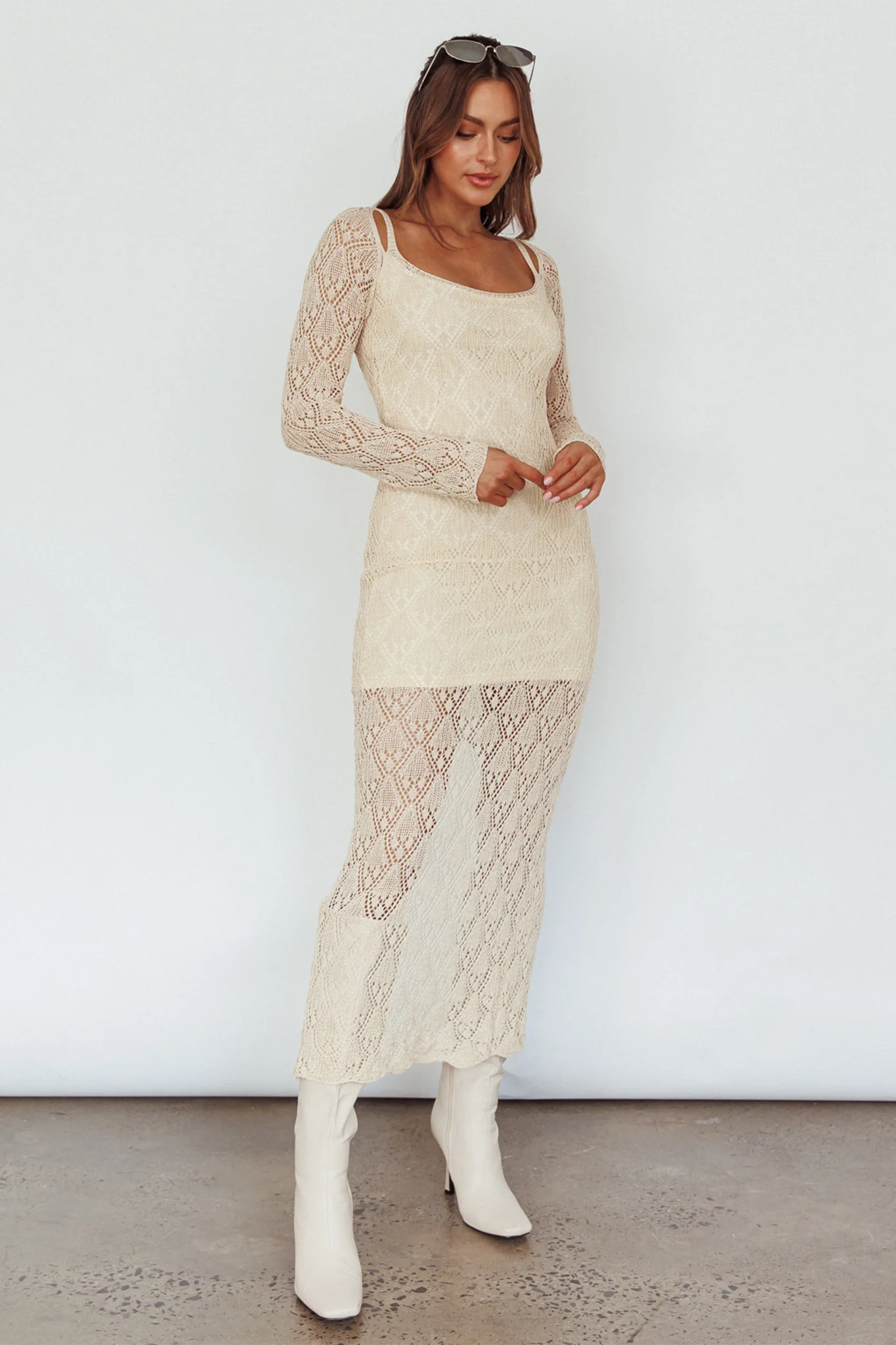 Happy Place Long Sleeve Crochet Midi Dress Beige
