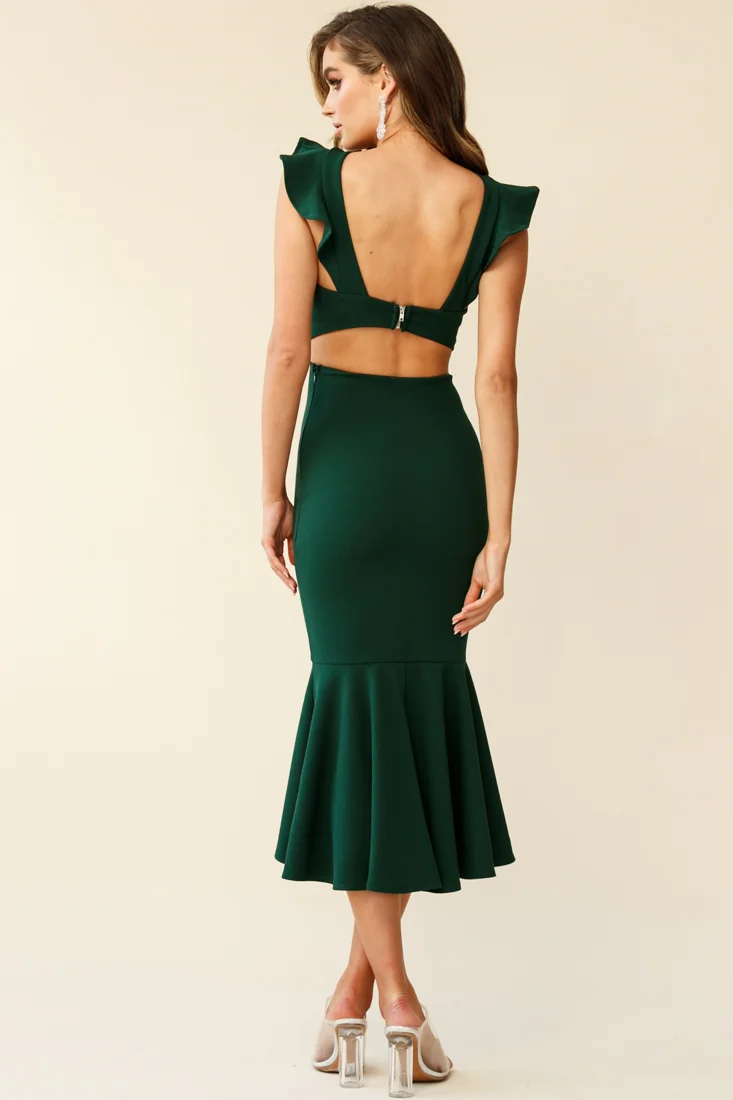 Jackie Wide Ruffle Hem Pinafore Midi Dress Forest Green