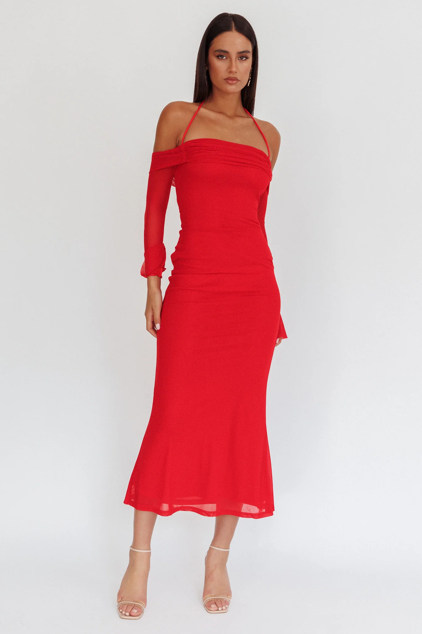 Numbers Game Off-Shoulder Halter Maxi Dress Red