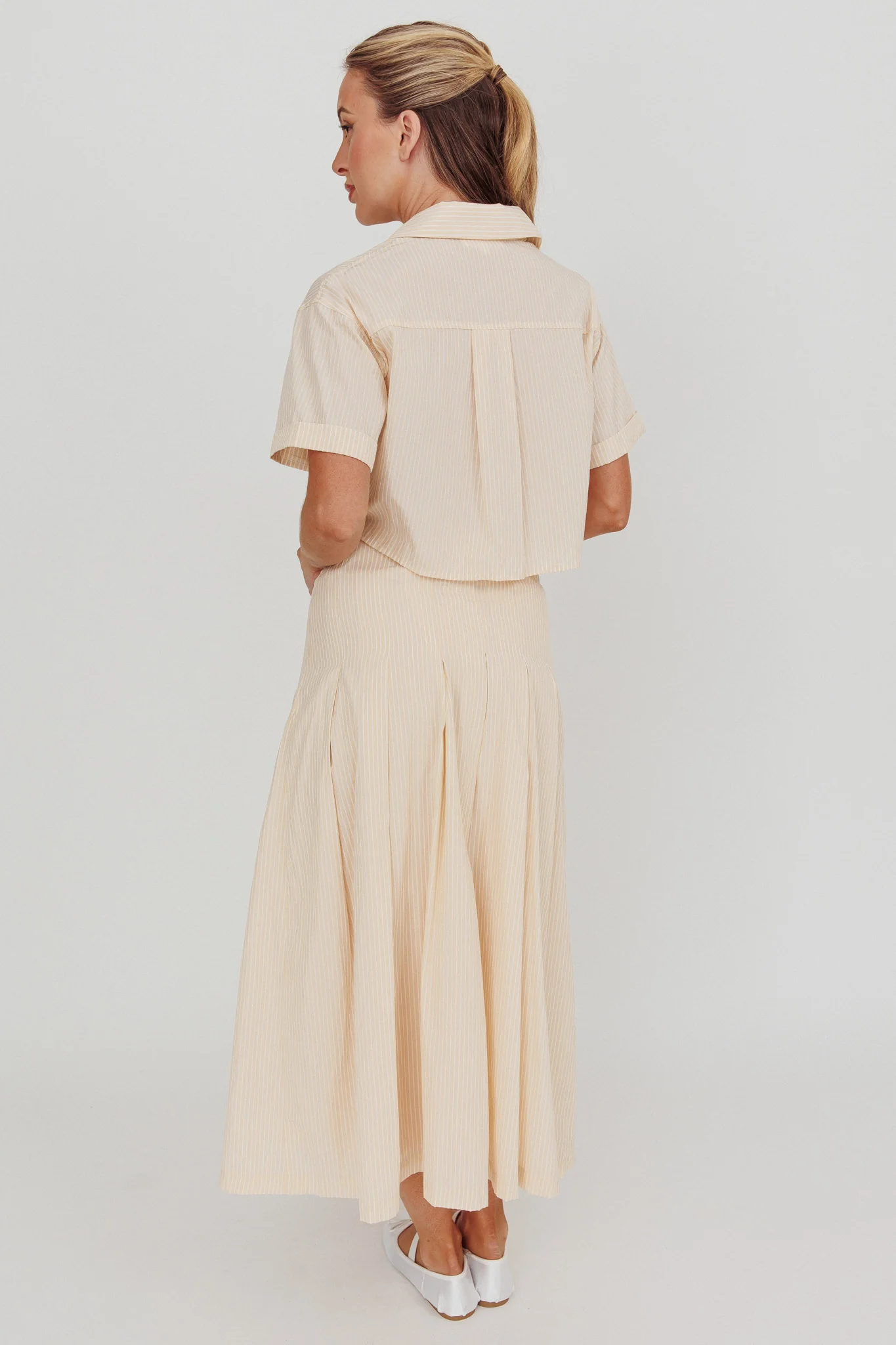 Zealous A-Line Striped Midi Skirt Beige/Off White