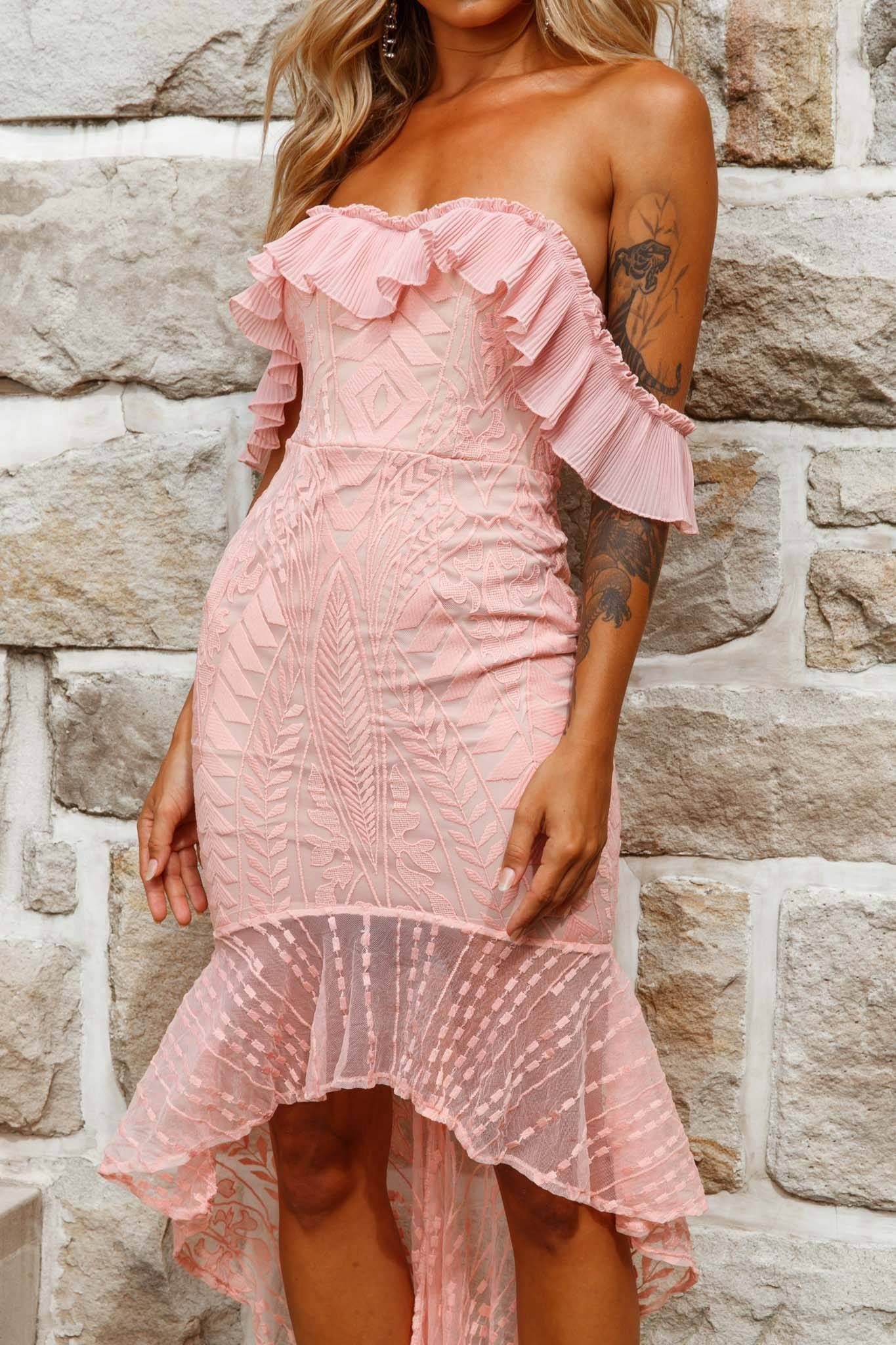 Dreamy Off-Shoulder High-Low Hem Dress Blush
