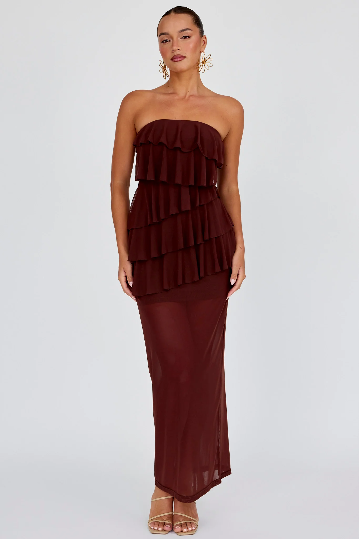 Crewe Strapless Ruffle Maxi Dress Chocolate
