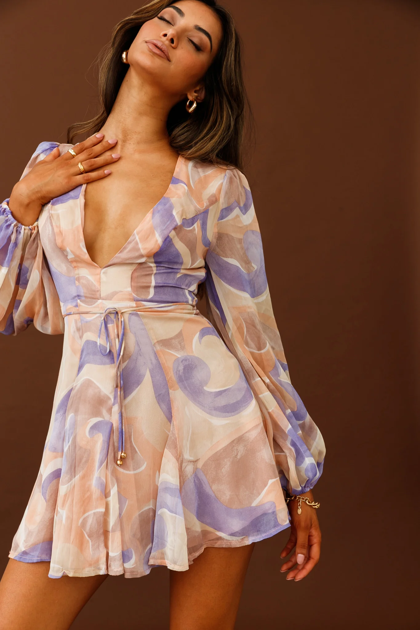 Estelle Long Sleeve V-Neckline Dress Swirl Print Nude/Purple