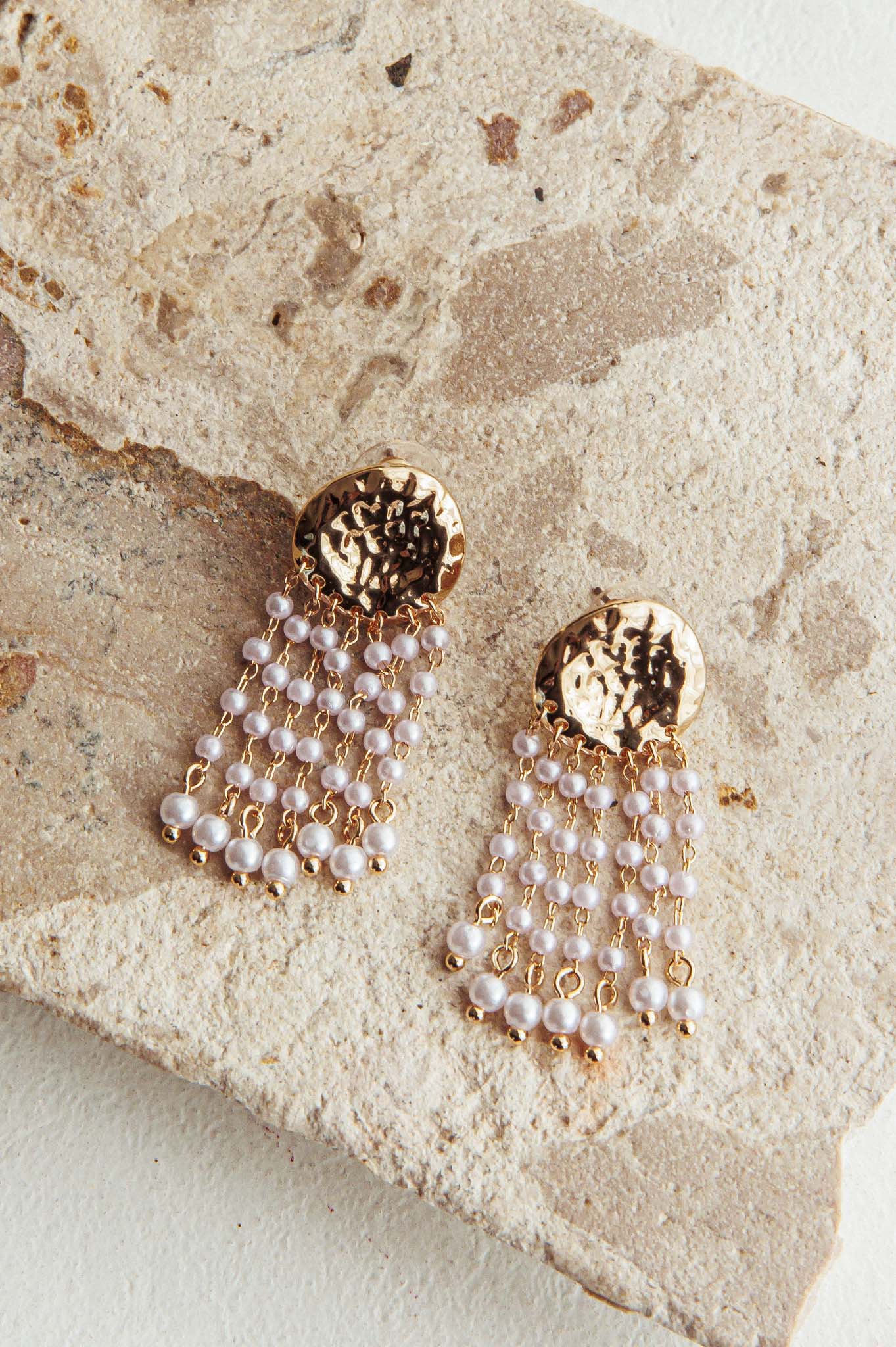 Alina Hammered Circle Tassel Earrings Gold Pearl