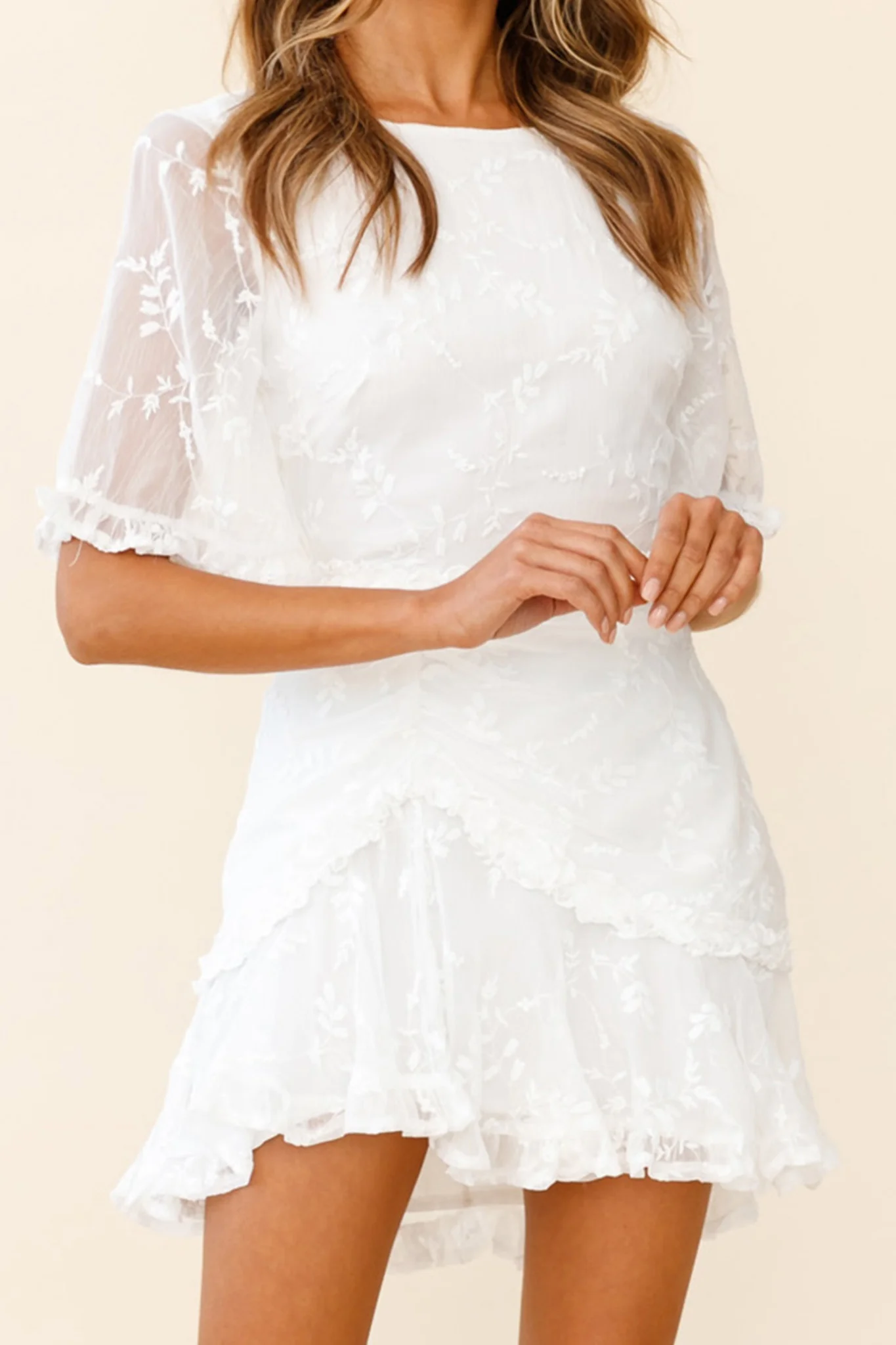 Leona Half Sleeve Frill Trim Dress Leaf Embroidered White