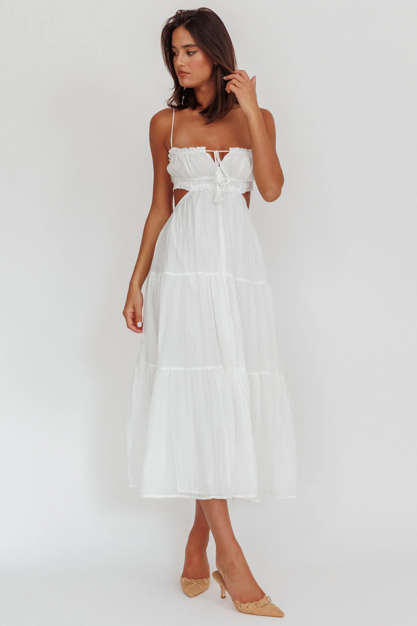 Eyona Cut-Out Waist Tie Maxi Dress White