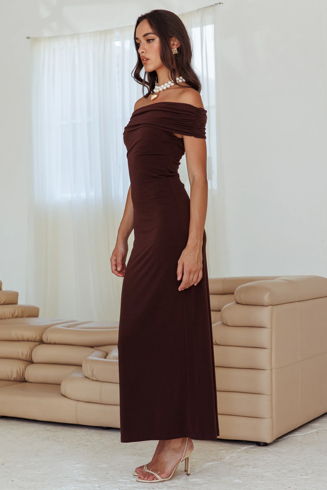 Cruising Sunset Off Shoulder Dress Chocolate