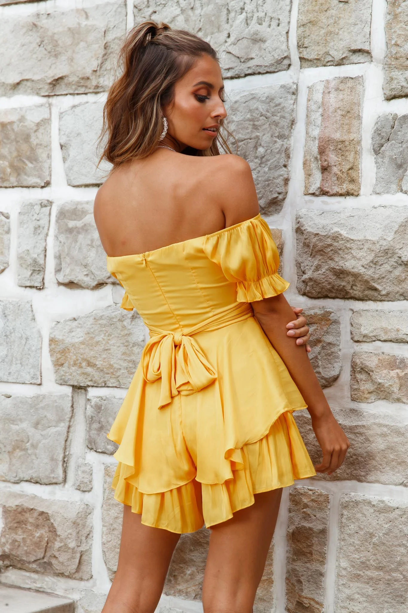 Linka Off-Shoulder Tie Back Romper Yellow