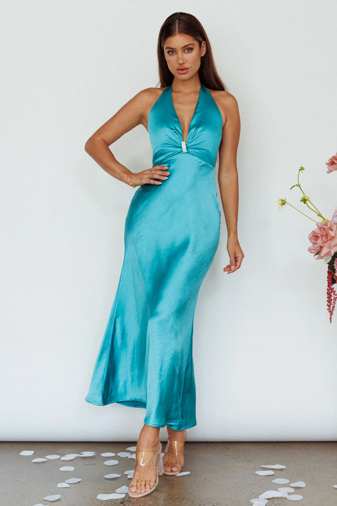 Oasis Diamante Halterneck Maxi Dress Turquoise