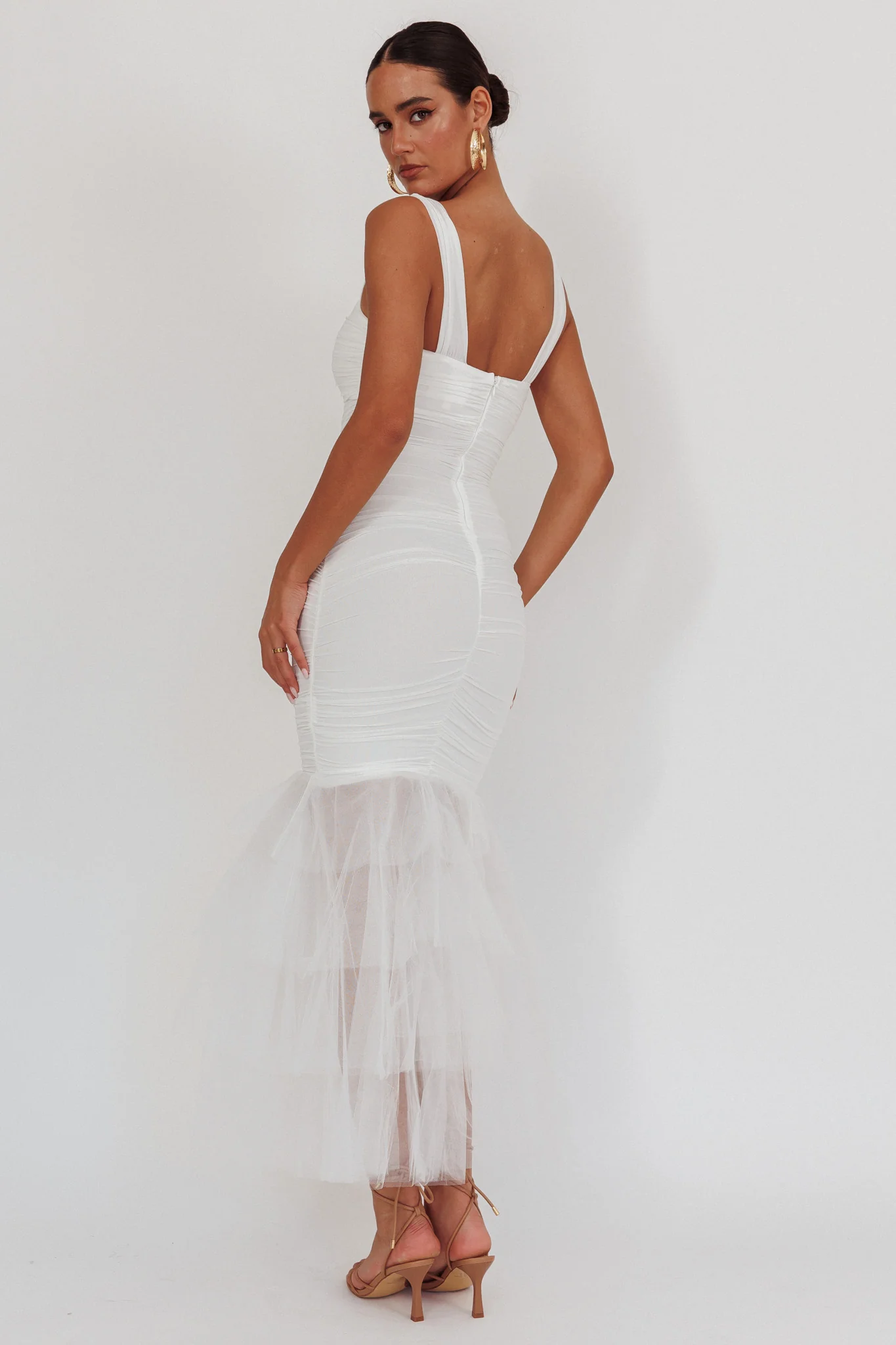 Nadia Tulle Hem Ruched Maxi Dress White