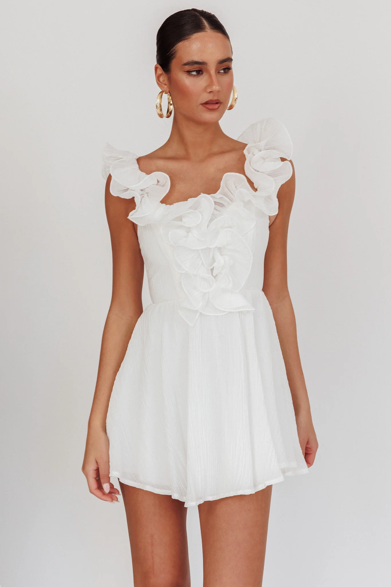 Nivaya Ruffle Neckline Mini Dress White