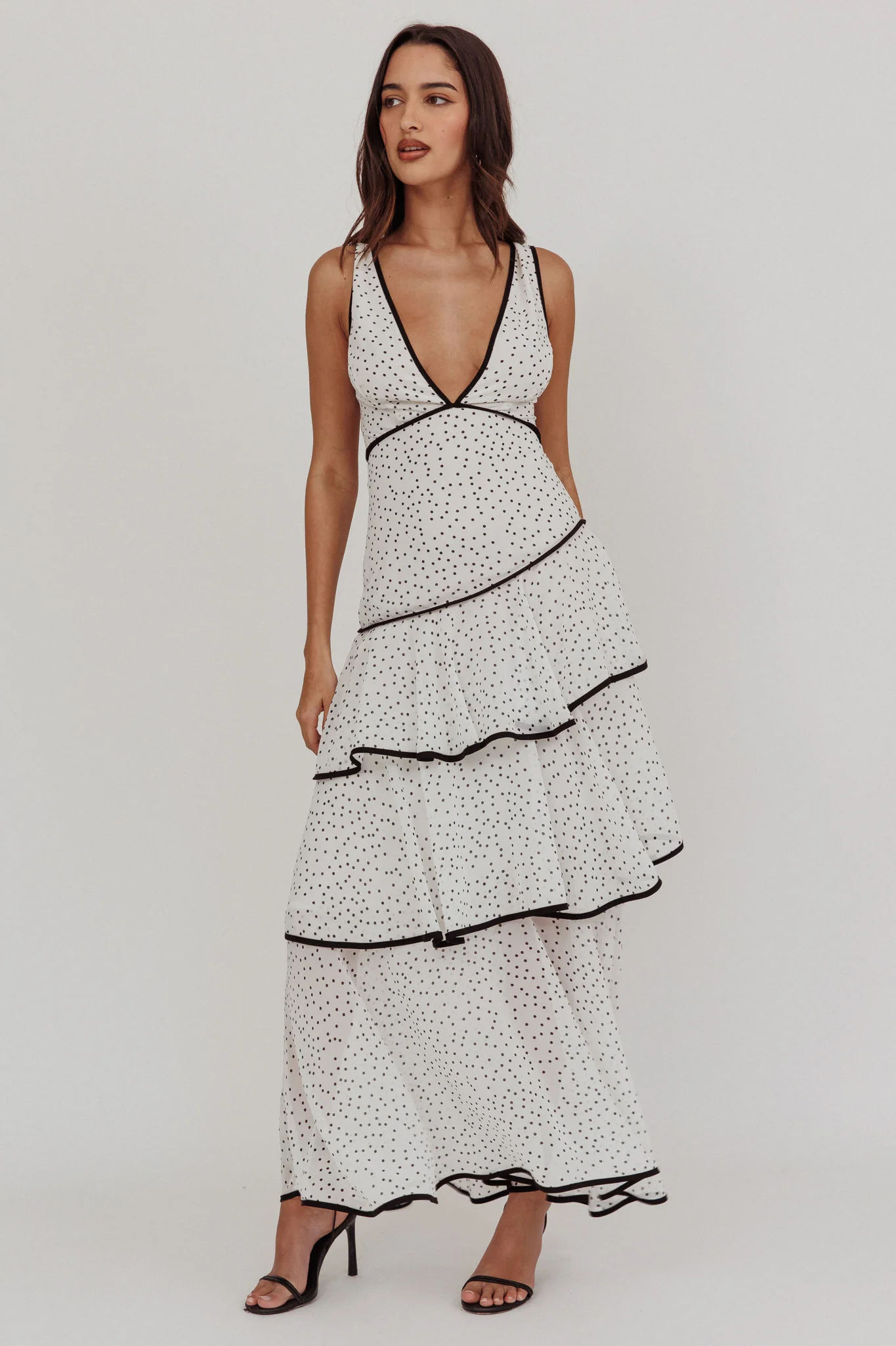 Veda Strappy Back Ruffle Maxi Dress Polka Dot White