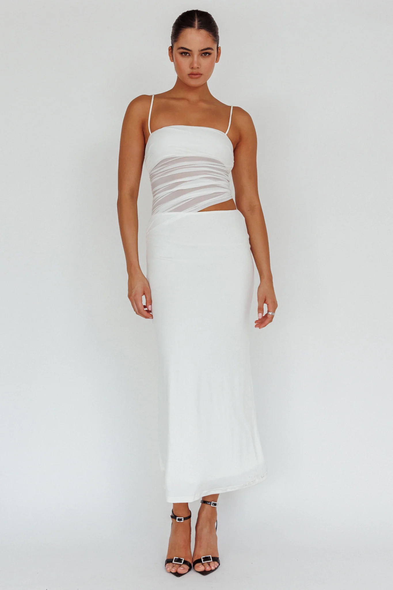 Lorely Ruched Bodice Midi Dress Vanilla