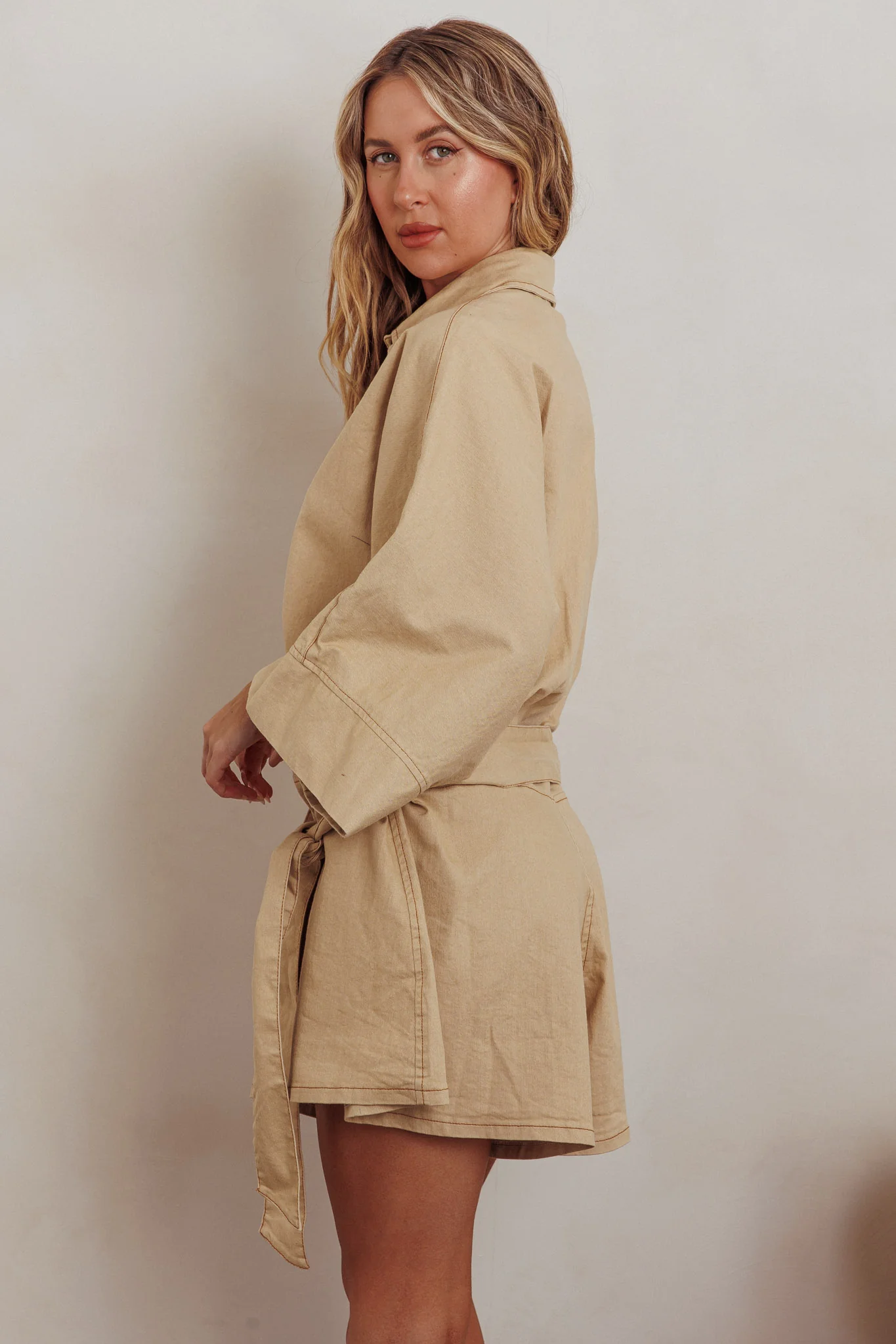 Daytona Beach Button-Up Romper Beige