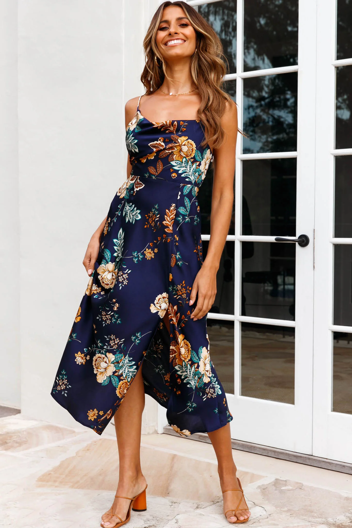 Suki Front Split Midi Dress Oriental Floral Print Navy