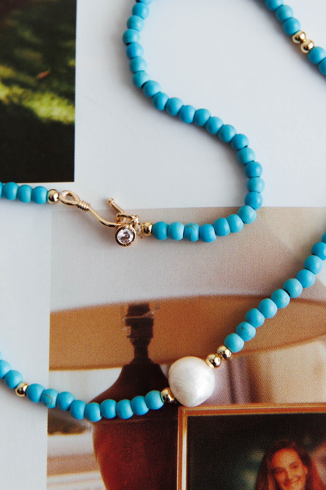 Ibiza Turquoise Bead Pearl Necklace Gold