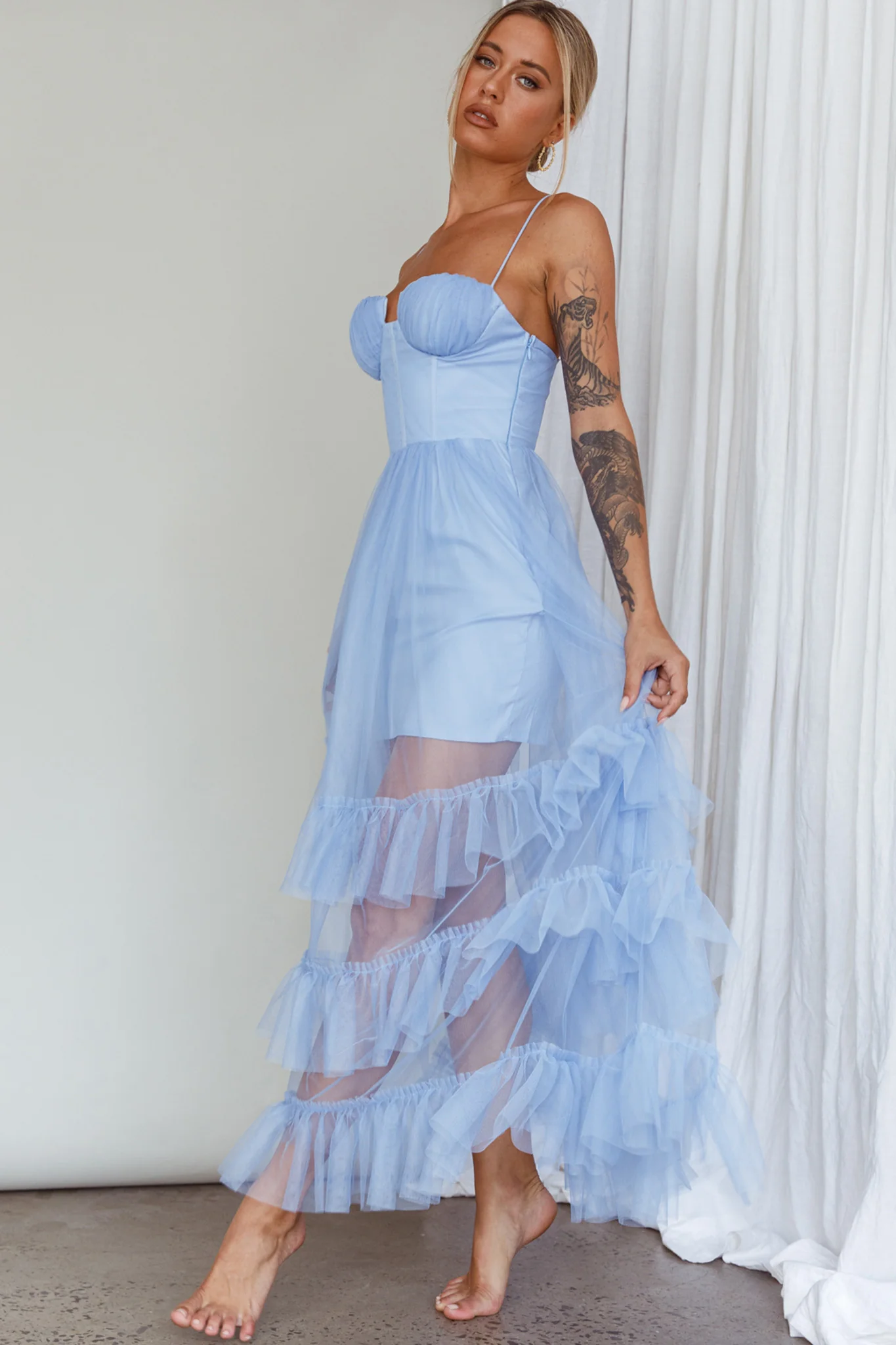 Moonlight Sonata Ruffle Mesh Maxi Dress Sky Blue