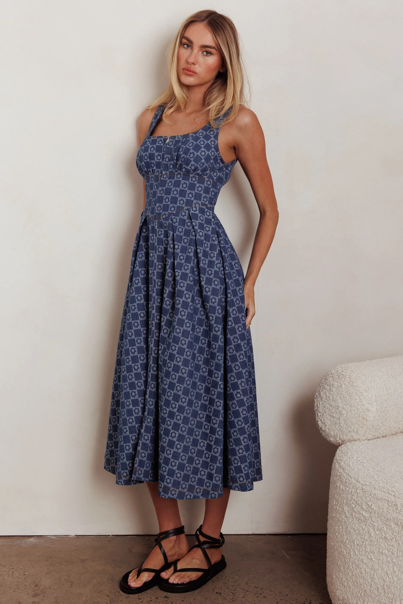 Hair Down Square Neck A-Line Midi Dress Floral Denim