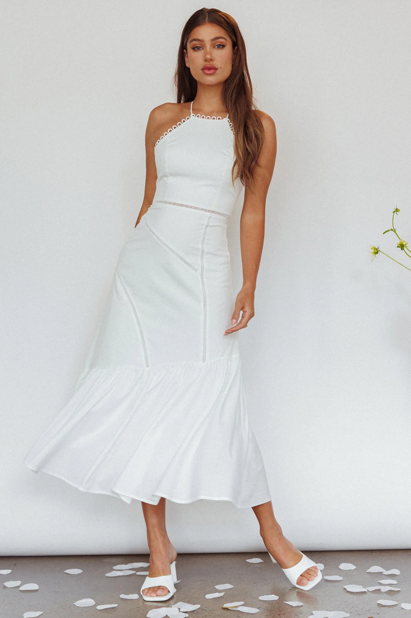 Felini Criss-Cross Back Flounce Midi Dress White