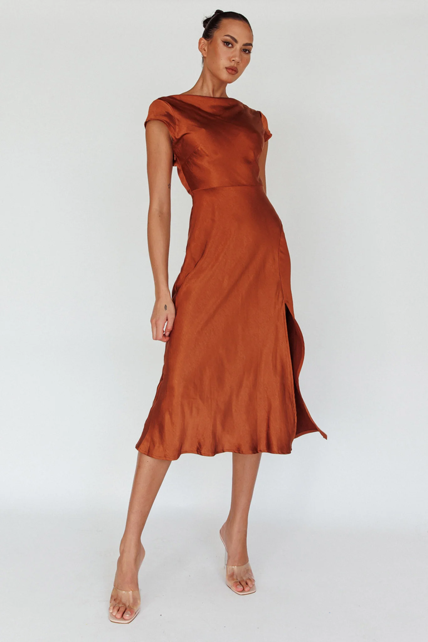 Lucinda Twist Back Midi Dress Brown
