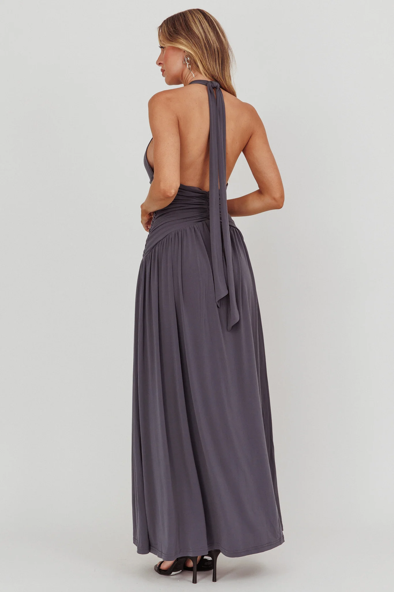 Italia Azure Gathered Waist Maxi Dress Charcoal