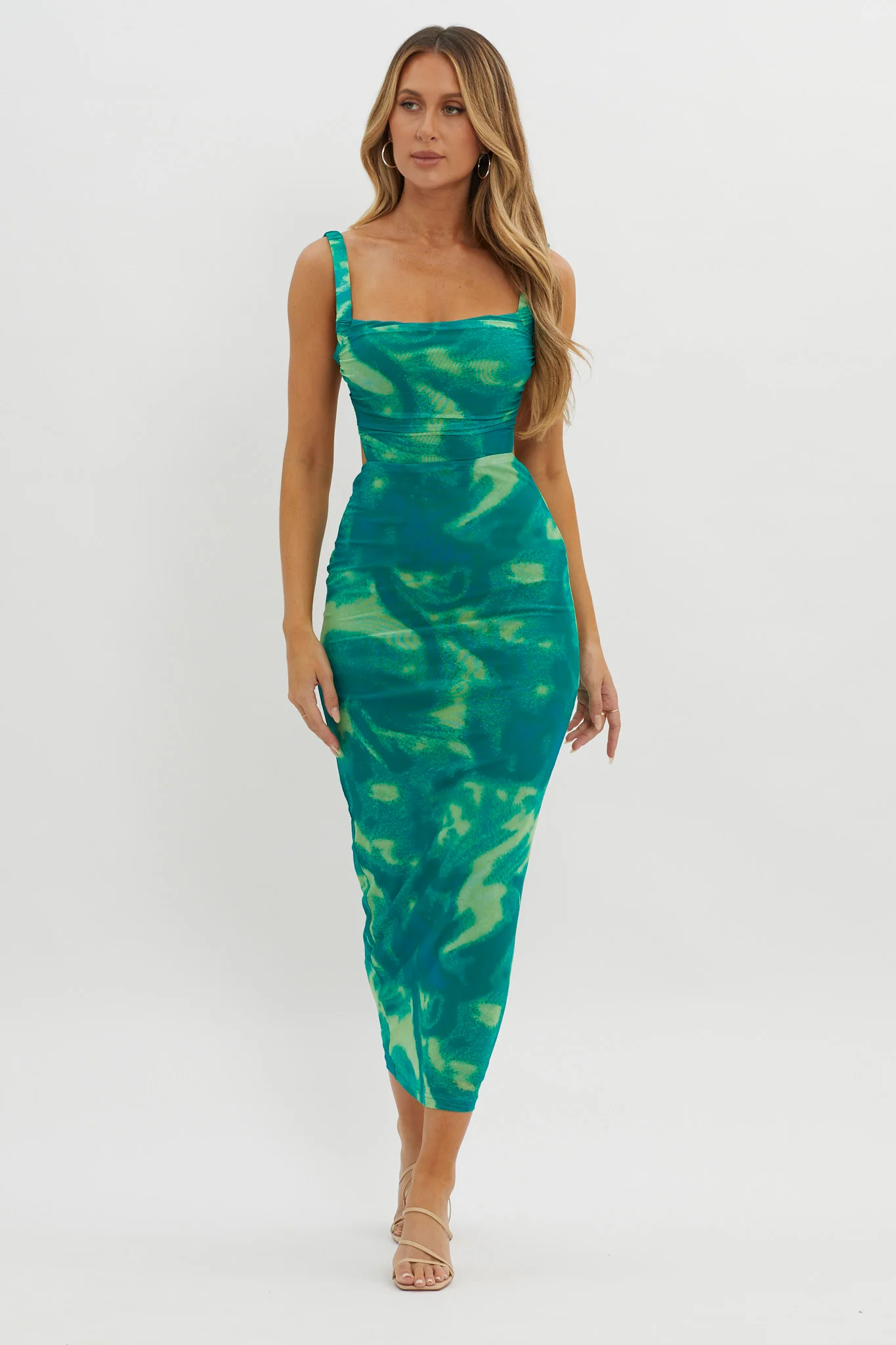 Dream Crush Lace-Up Back Side Split Maxi Dress Swirl Green