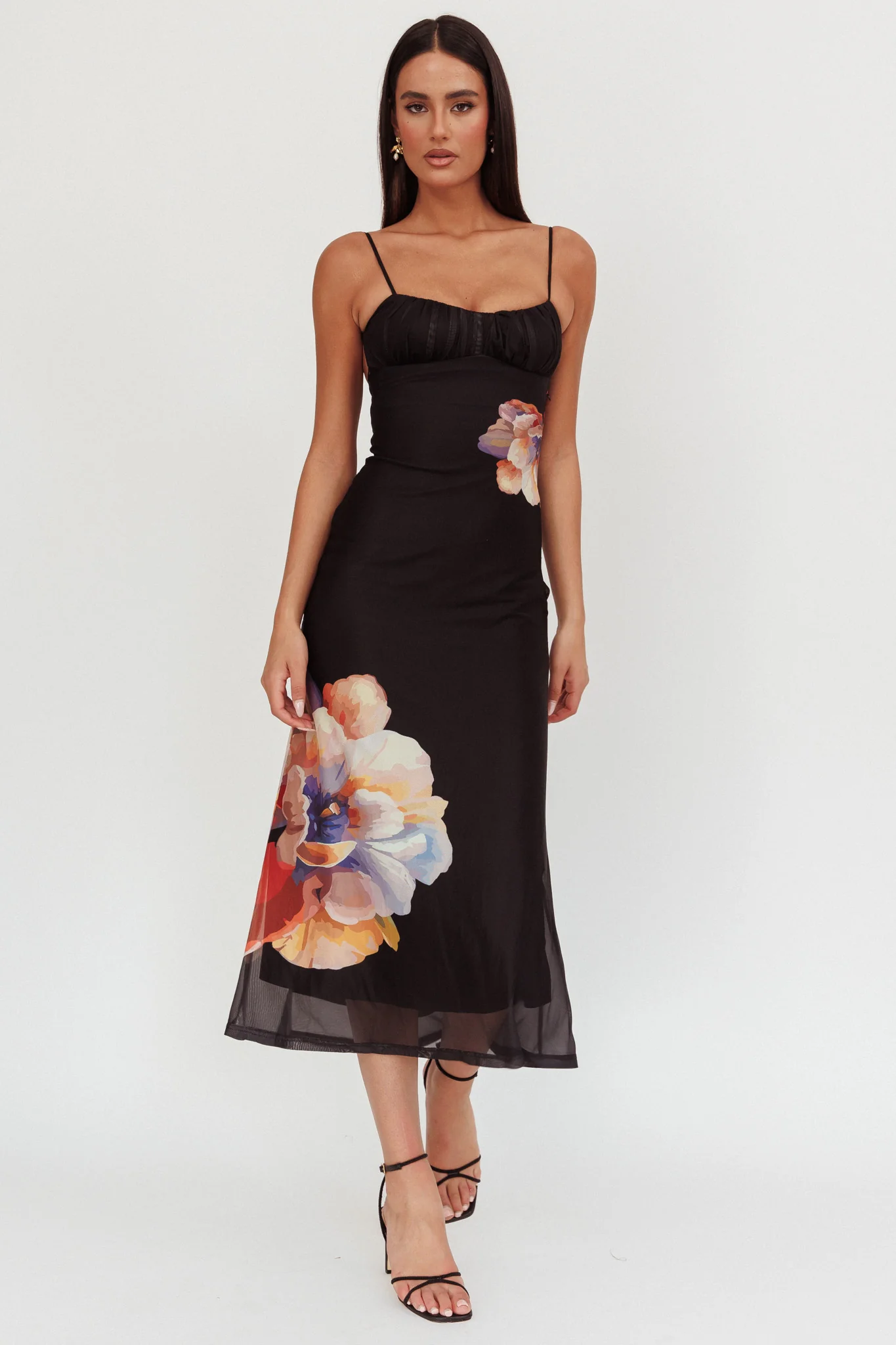 Nerida Gathered Bust Maxi Dress Flowers Black