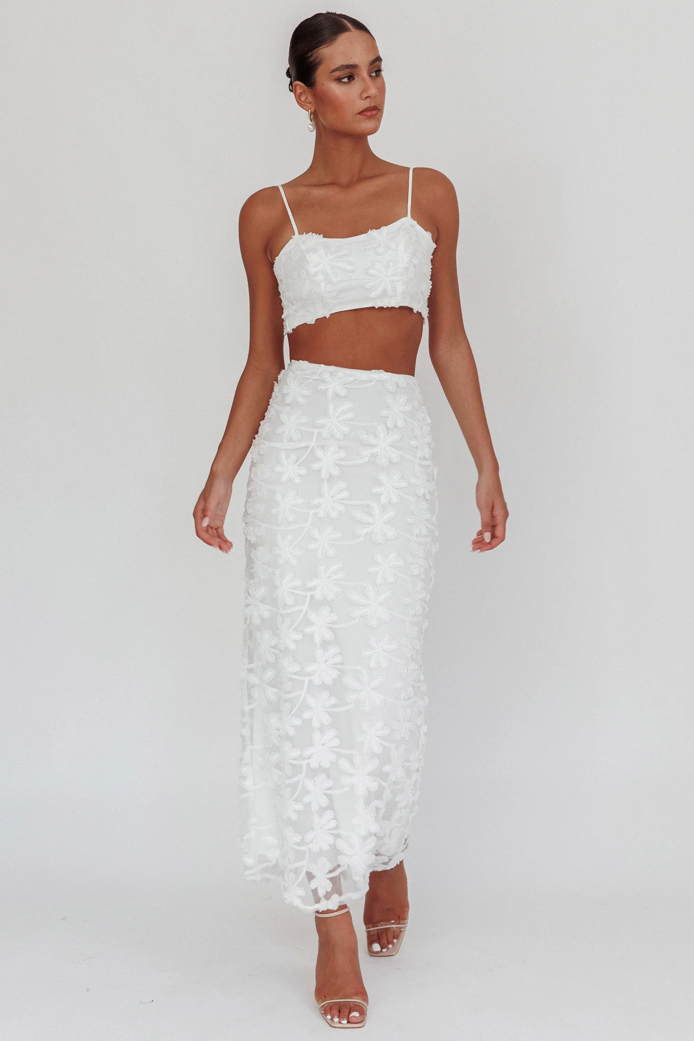 Casi Tied Back Crop Top Embroidered White
