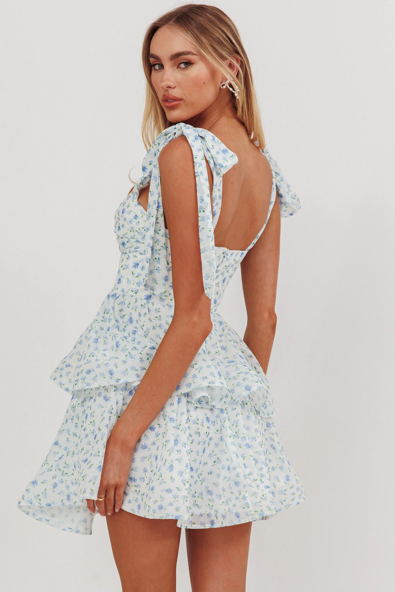 Oliana Tied Shoulder Tiered Mini Dress Floral Blue
