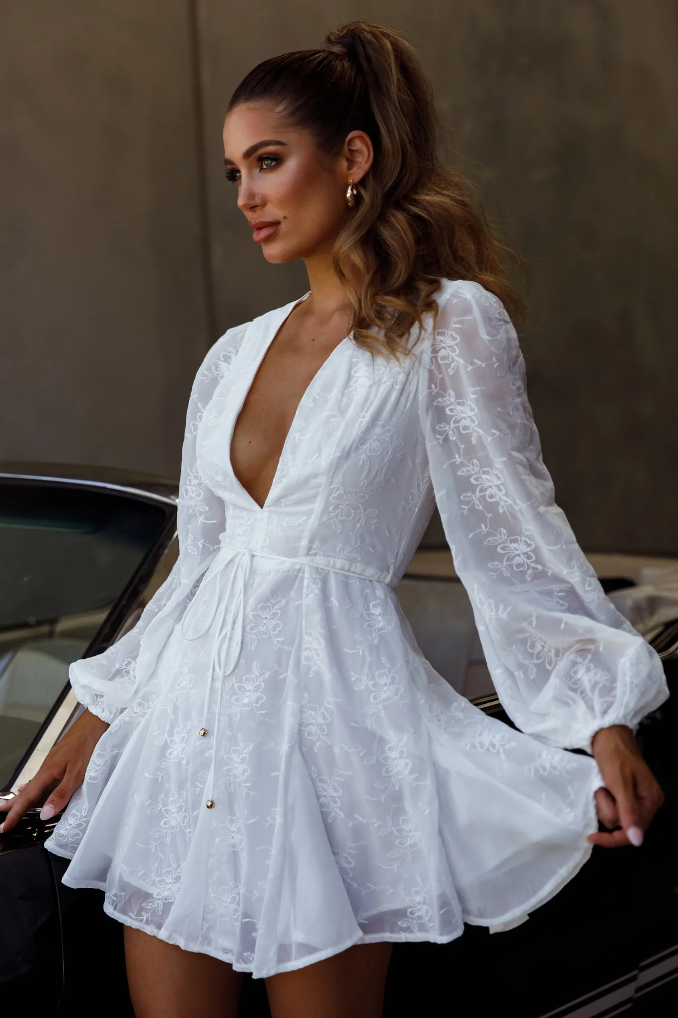 Estelle Long Sleeve V-Neckline Dress Embroidered White