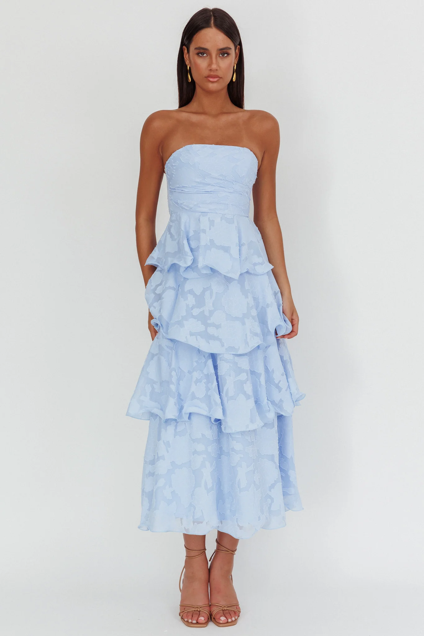 Giavana Strapless Layered Midi Dress Floral Embossed Blue