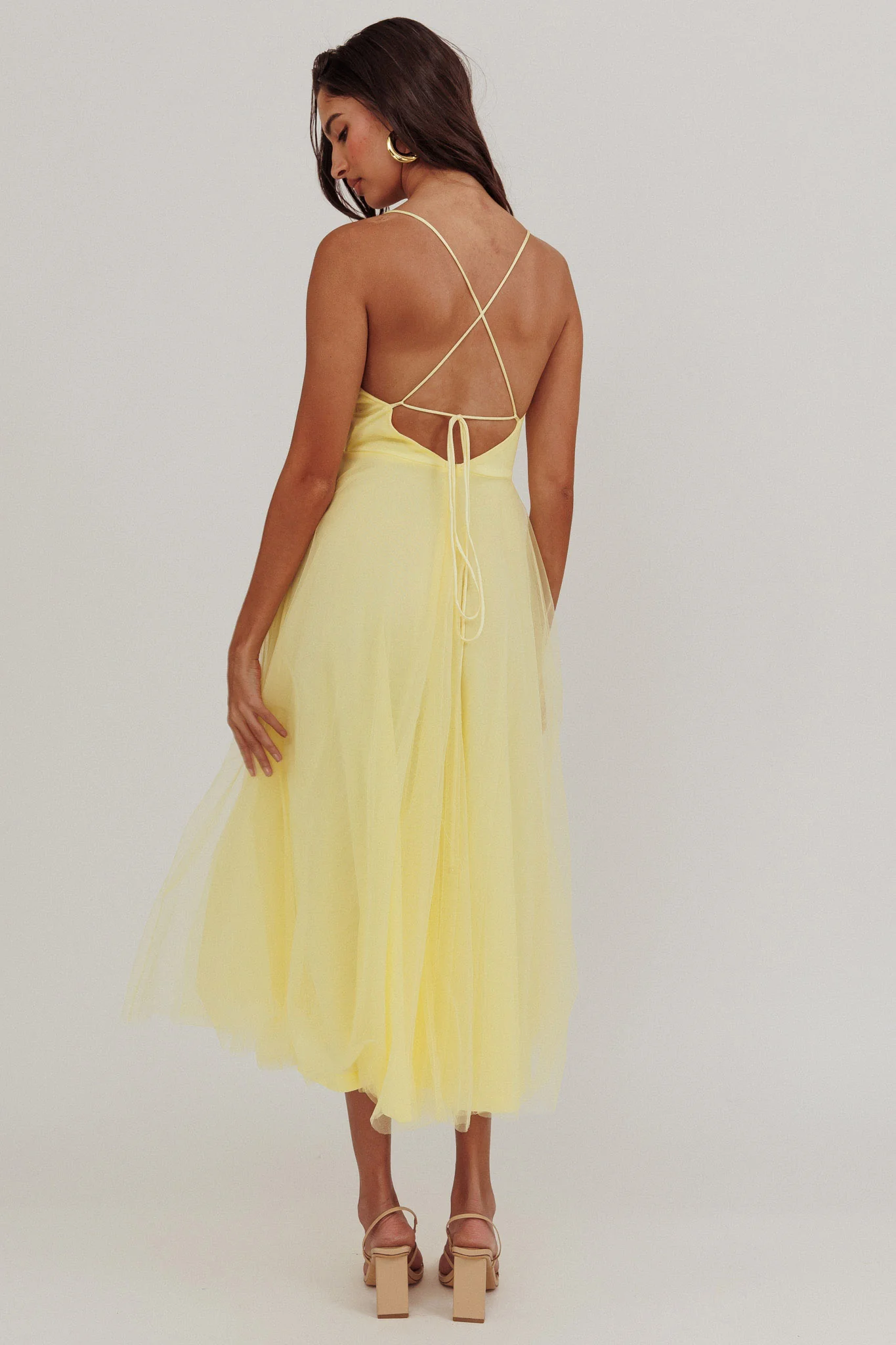 Floating By Pleated Neckline Mesh Midi Dress Yellow