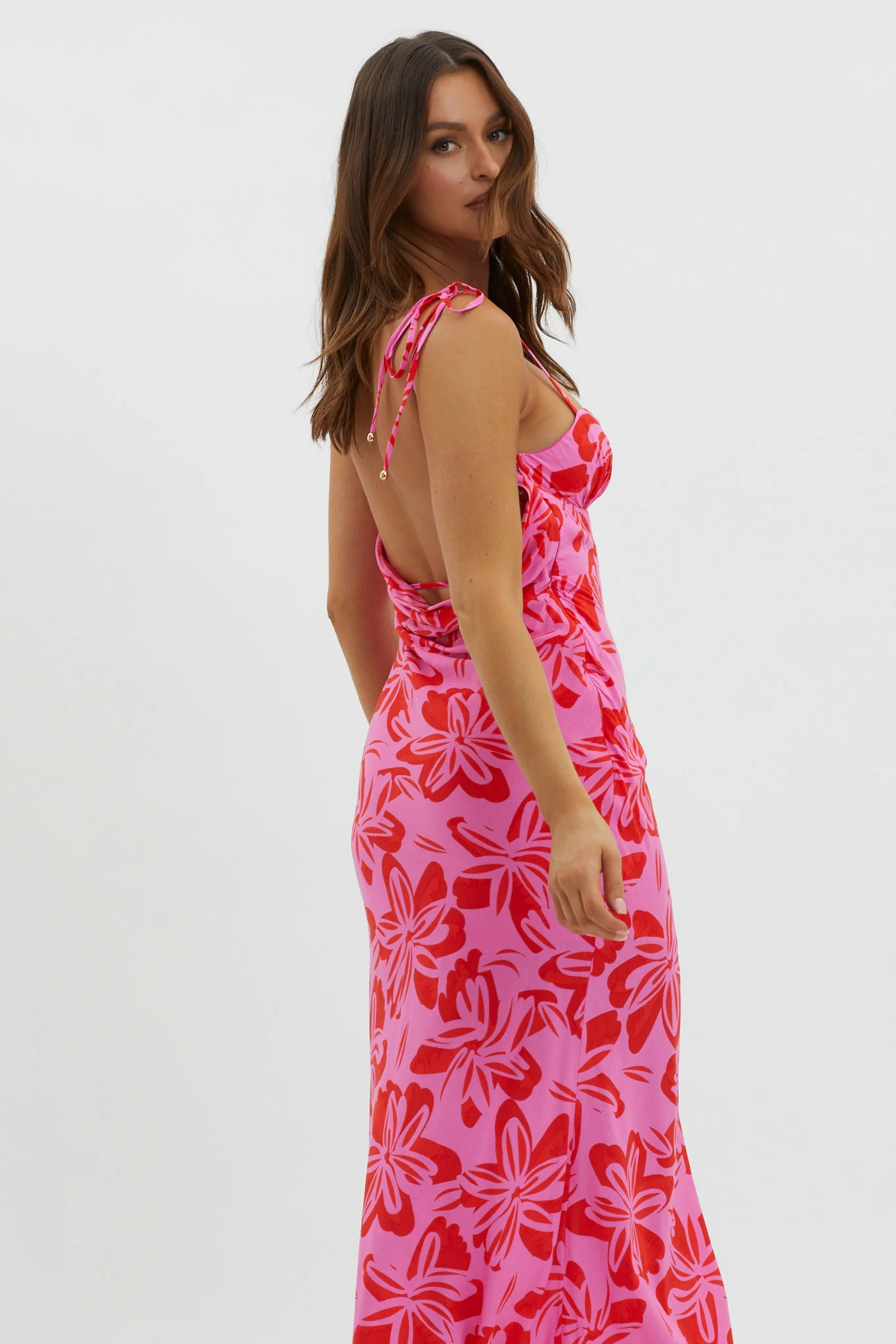Luau Tied Shoulder Print Dress Pink