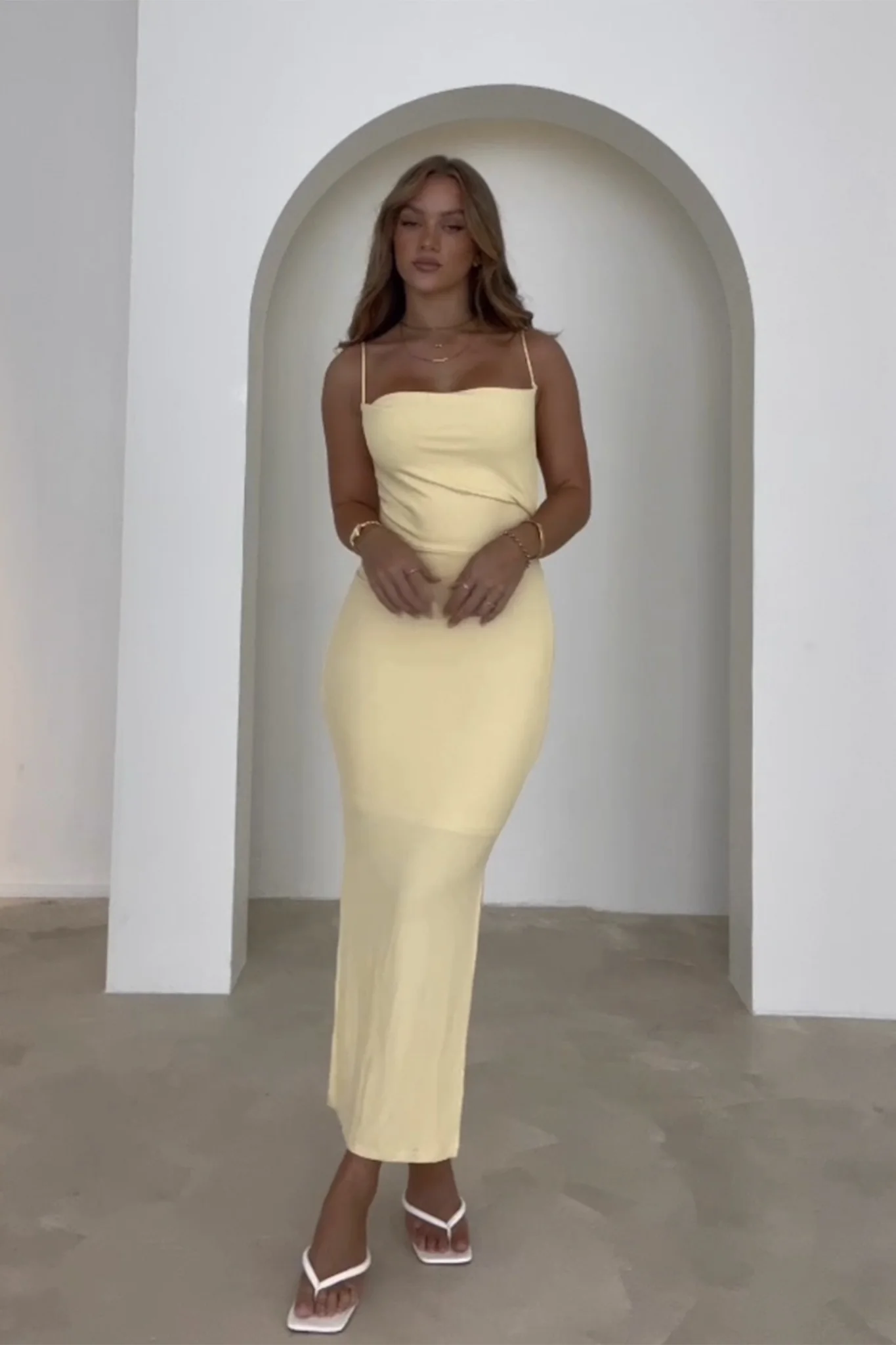 Frieda Cowl Neck Side Split Ribbed Midi Dress Yellow