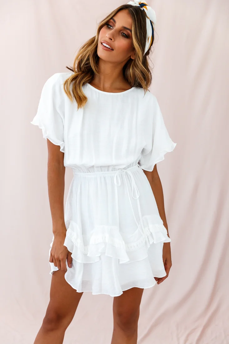 Mollina Frill Sleeve Tassel Hem Dress White