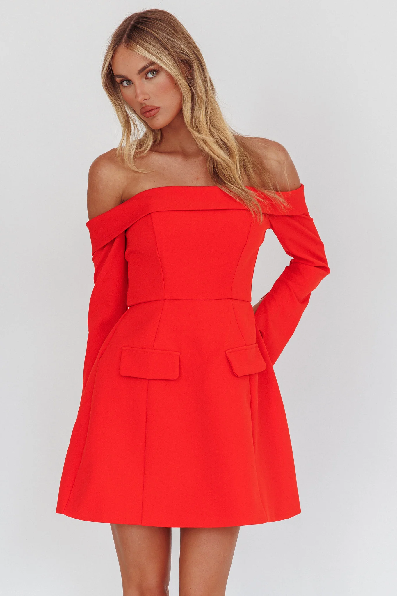 Laviniah Foldover Long Sleeve Mini Dress Red