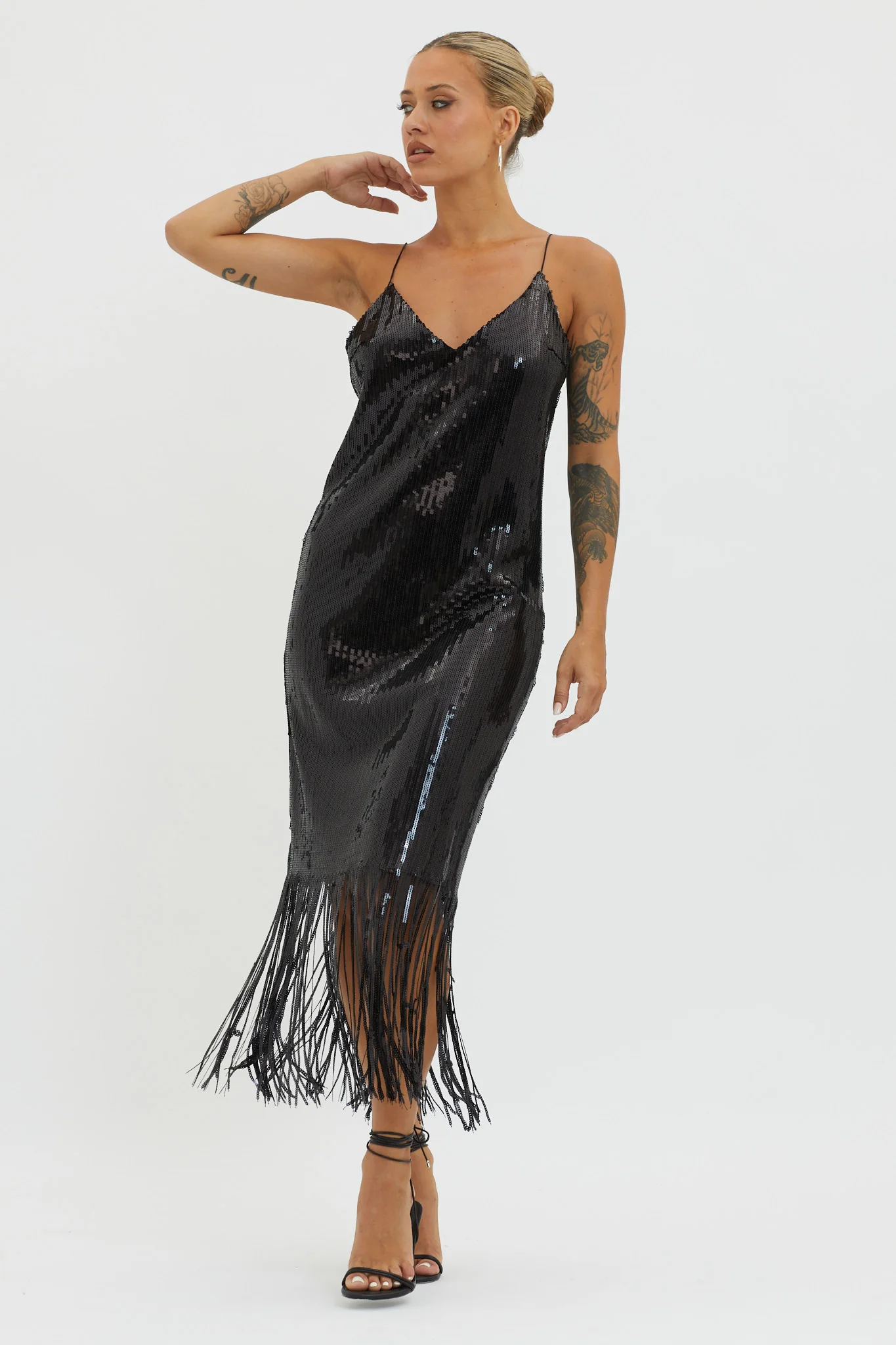 Halo Moon Sequin Fringe Midi Dress Black