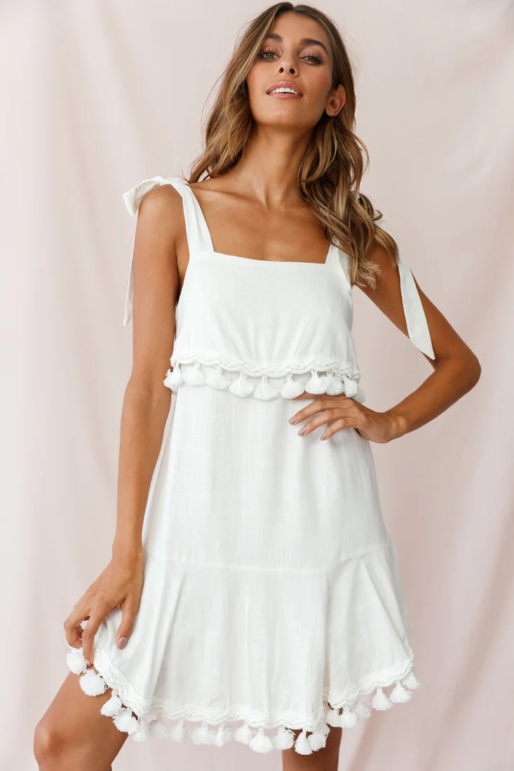 Sirocco Tassel Trim Tied Shoulder Dress White